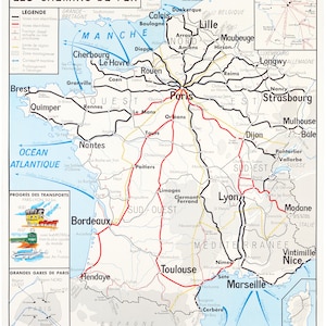 Affiche Vintage Scolaire  Cartes de France - France Chemins de fer 1957 - Poster Décoration Murale A3+ (32 x 45 cm).