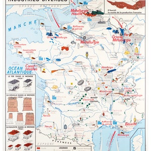 Vintage School Poster France Cards - France Industry - A3+ Poster per la decorazione murale (32 x 45 cm).