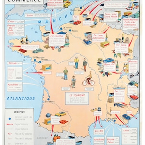 Affiche Vintage Scolaire  Cartes de France - France Commerce - Poster Décoration Murale A3+ (32 x 45 cm).