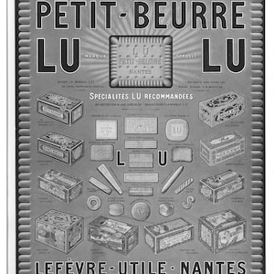 Peut inclure: Une publicité vintage en noir et blanc pour les biscuits Petit-Beurre LU. La publicité présente le logo de la marque et une variété de boîtes de biscuits différentes, notamment "Beurre au Sel", "Gaufrettes" et "Pailled'Or". Le texte "Spécialités LU Recommandées" est également visible.