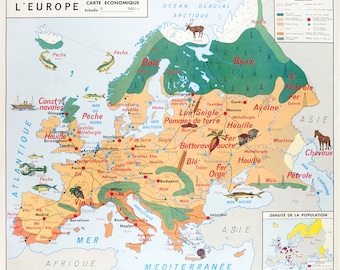 Affiche Vintage Scolaire  Cartes du monde - Europe économie - Poster Décoration Murale A3+ (32 x 45 cm).