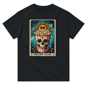 T-shirt tueur de pop-corn, cadeau d'Halloween, style carte de tarot, t-shirt rétro, cadeau mystique, cadeau fantastique, tee-shirt d'horreur.