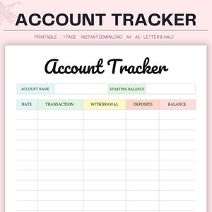 Account Tracker, Printable Account Log, Bank Account Tracker, Account Details, Account Balance, Bank Balance Log, Digital PDF