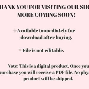 Pu&ograve; includere: Testo su uno sfondo rosa che recita "Grazie per aver visitato il nostro negozio! Presto ne arriveranno altri!" Disponibile immediatamente per il download dopo l'acquisto. Il file non &egrave; modificabile. Nota: Questo &egrave; un prodotto digitale. Una volta effettuato l'acquisto, riceverai un file PDF. Nessun prodotto fisico verr&agrave; spedito.