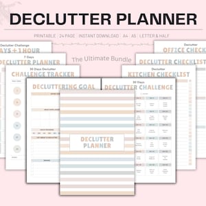 Könnte beinhalten: Eine Sammlung druckbarer Entrümpelungsplaner und Checklisten. Der Haupttitel lautet "DECLUTTER PLANNER" in fetter, dunkler Schrift. Das Bundle enthält eine 7-Tage-Challenge, eine 30-Tage-Challenge und Checklisten für Büro und Küche.