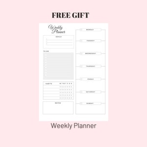 May include: A black and white printable weekly planner with sections for goals, to do, habits, notes, and daily tasks. The planner has a simple design with a title that says "Weekly Planner" and "FREE GIFT".