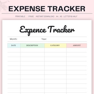 May include: A printable expense tracker with columns for date, description, category, and amount. The tracker is designed for personal use and can be used to track spending for a month.