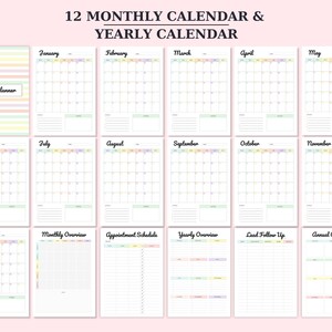 Pu&ograve; includere: Un planner di calendario stampabile con 12 calendari mensili, una panoramica annuale e pagine aggiuntive per la pianificazione mensile e annuale. Le pagine del calendario sono decorate con colori pastello e strisce.
