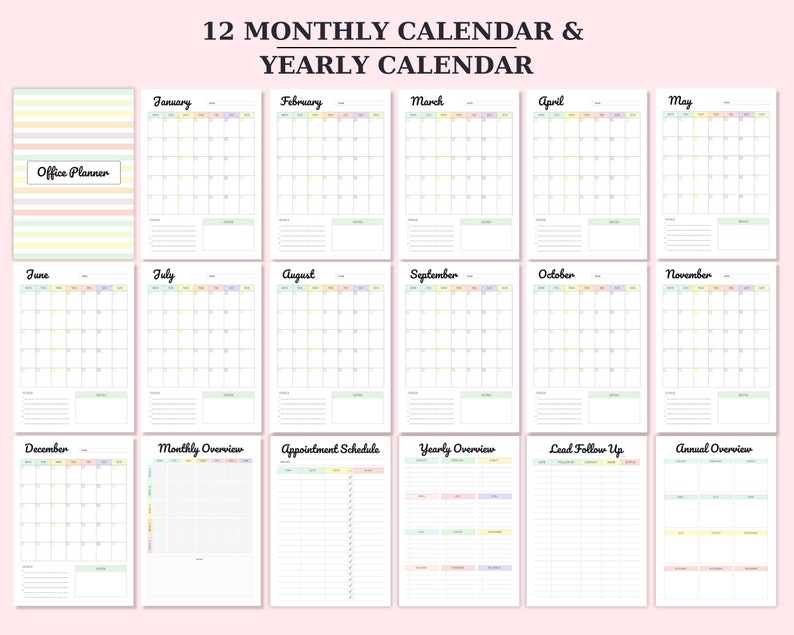 Pu&ograve; includere: Un planner di calendario stampabile con 12 calendari mensili, una panoramica annuale e pagine aggiuntive per la pianificazione mensile e annuale. Le pagine del calendario sono decorate con colori pastello e strisce.