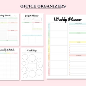 Pu&ograve; includere: Un set di organizzatori per ufficio stampabili con uno schema di colori pastello. Gli organizzatori includono un modello di verbale di riunione, un pianificatore di progetti, un programma settimanale, una mappa mentale e un pianificatore settimanale.