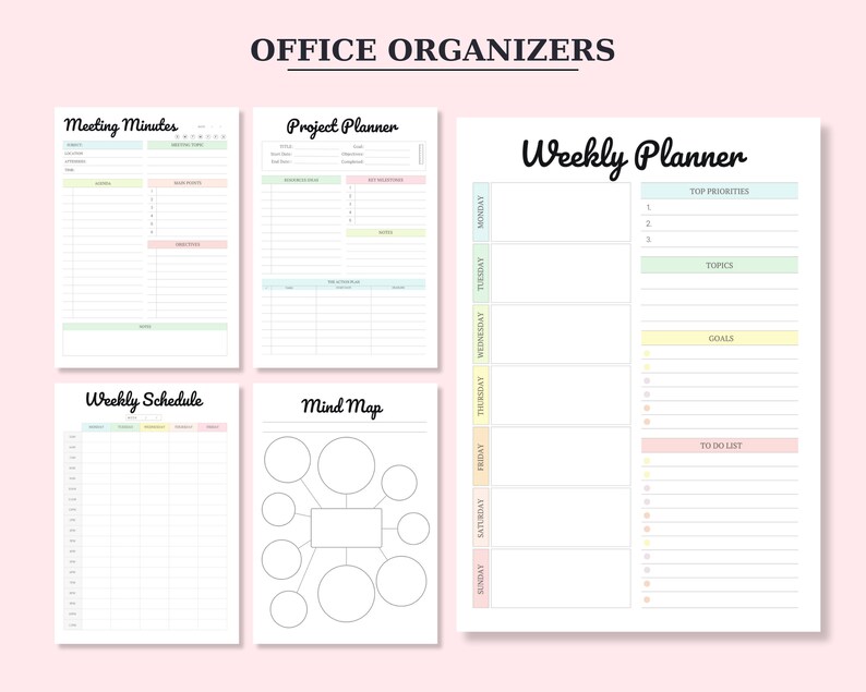 Pu&ograve; includere: Un set di organizzatori per ufficio stampabili con uno schema di colori pastello. Gli organizzatori includono un modello di verbale di riunione, un pianificatore di progetti, un programma settimanale, una mappa mentale e un pianificatore settimanale.