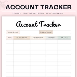 Account Tracker, Printable Account Log, Bank Account Tracker, Account Details, Account Balance, Bank Balance Log, Digital PDF A4 A5 Letter