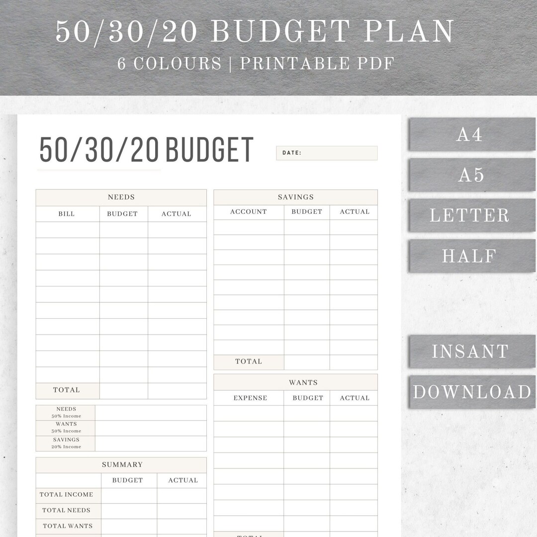 50/30/20 Budget Planner Template Monthly Budget Planner 50/30/20 Rule ...