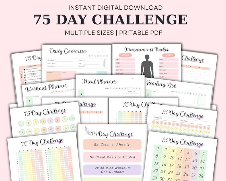 May include: A printable 75-day challenge planner with pastel pink, green, and yellow colors. The planner includes pages for daily overview, workout planner, meal planner, reading list, measurements tracker, and a 75-day challenge tracker.