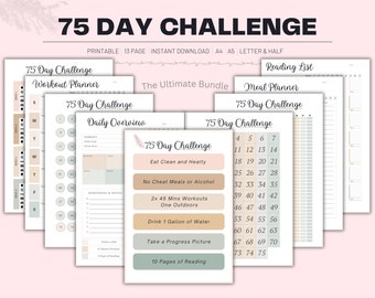 May include: A printable 75-day challenge bundle with a light pink background. The bundle includes a workout planner, daily overview, meal planner, reading list, and a checklist for completing the challenge. The text "75 Day Challenge" is featured on each page.