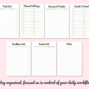 Pu&ograve; includere: Un set di pagine di pianificatore stampabili con intestazioni colorate per "Lista delle attivit&agrave;", "Registri delle chiamate perse", "Tracker delle password", "Email da inviare", "Lista delle scadenze", "Lista delle email" e "Note".