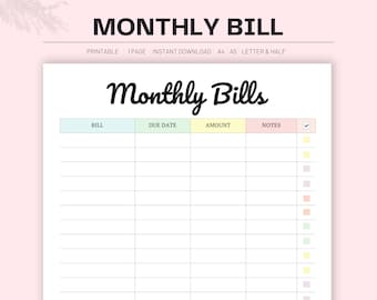 Monthly Bill Tracker: Printable Payment Checklist (Digital PDF)