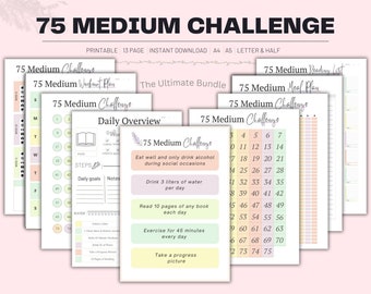 75 Rastreador de desafíos medianos, Diario diario de desafíos medianos 75, Desafío medio 75, Desafío de 75 días imprimible, Diario de fitness, Hábito