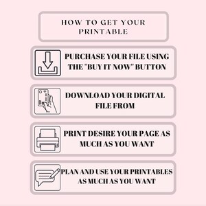 Pu&ograve; includere: Una grafica con quattro passaggi su come ottenere un file stampabile. I passaggi sono: acquista il tuo file usando il pulsante "Acquista ora", scarica il tuo file digitale da, stampa quante pagine desideri, pianifica e usa i tuoi file stampabili quanto vuoi.