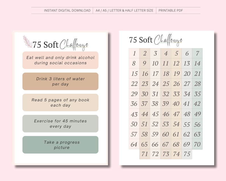 75 Soft Challenge Tracker, Daily 75 Soft Challenge journal, 75 Soft Challenge, 75 Day Challenge Printable, Fitness Journal, Habit Tracker zdjęcie 2
