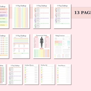 May include: A 75-day challenge planner with 13 pages. The planner includes pages for daily routines, measurements, workout plans, and a reading list. The pages are color-coded with pastel colors.