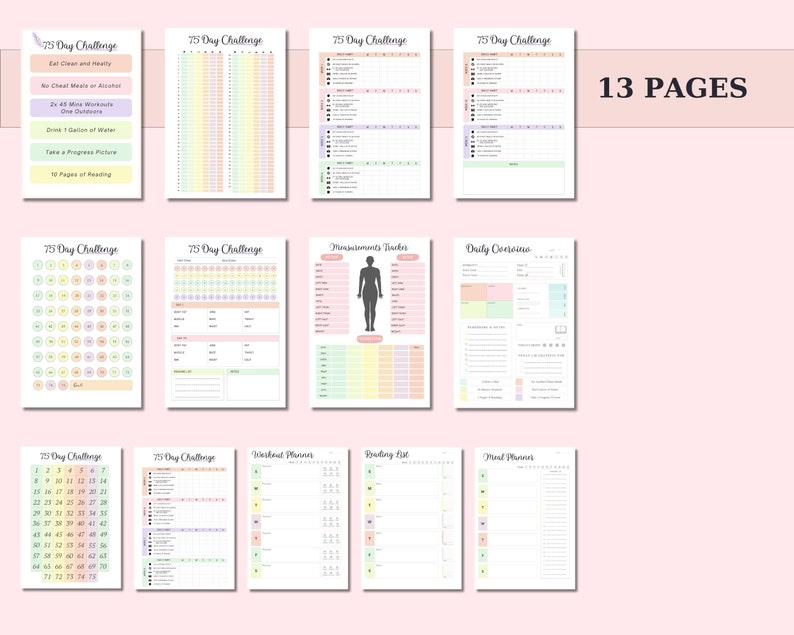 May include: A 75-day challenge planner with 13 pages. The planner includes pages for daily routines, measurements, workout plans, and a reading list. The pages are color-coded with pastel colors.