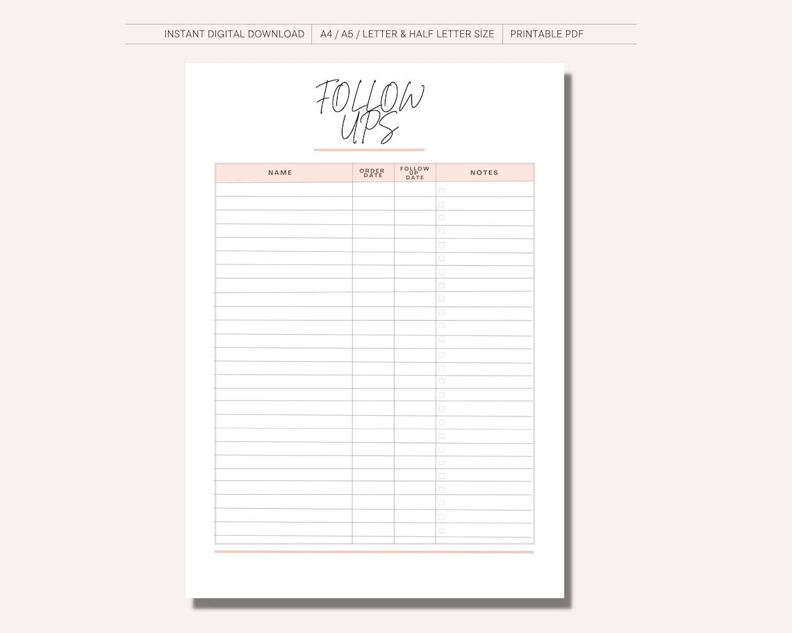 Printable Follow Up Sheet
