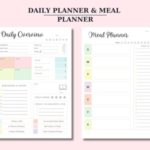 May include: A printable daily planner and meal planner with a pastel color scheme. The daily planner includes sections for workout, reminders, and notes. The meal planner includes a weekly meal plan and a grocery list.