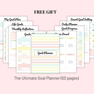 Pu&ograve; includere: Un set di pagine di pianificazione degli obiettivi stampabili con uno schema di colori pastello. Le pagine includono sezioni per Il mio piano di obiettivi, Obiettivi di vita, Riflessioni mensili, Obiettivi, Impostazione di obiettivi intelligenti, Pianificatore giornaliero, Progresso degli obiettivi e Pannello dei sogni. Il testo "REGALO GRATUITO" e "Il pianificatore di obiettivi definitivo (50 pagine)" &egrave; incluso.