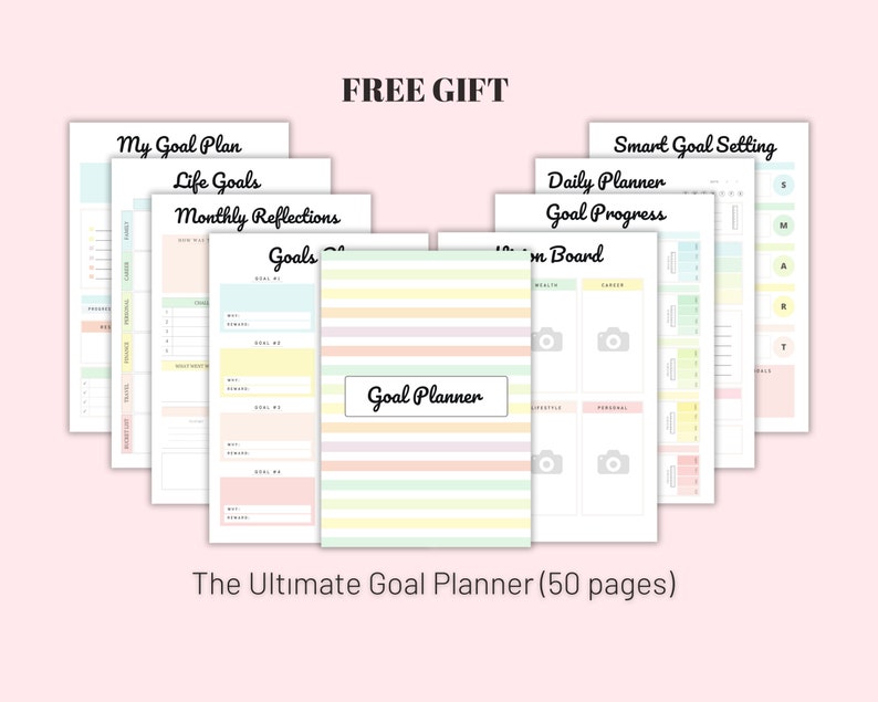 Pu&ograve; includere: Un set di pagine di pianificazione degli obiettivi stampabili con uno schema di colori pastello. Le pagine includono sezioni per Il mio piano di obiettivi, Obiettivi di vita, Riflessioni mensili, Obiettivi, Impostazione di obiettivi intelligenti, Pianificatore giornaliero, Progresso degli obiettivi e Pannello dei sogni. Il testo "REGALO GRATUITO" e "Il pianificatore di obiettivi definitivo (50 pagine)" &egrave; incluso.