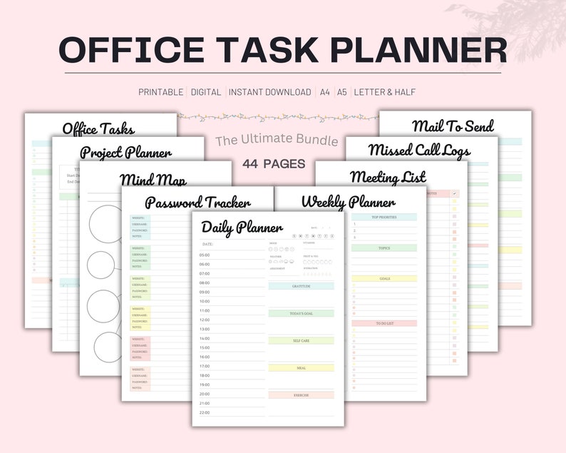 Pu&ograve; includere: Un set di planner per compiti d'ufficio stampabili con 44 pagine. Il set include un planner giornaliero, un planner settimanale, un planner di progetto, una mappa mentale, un tracker di password, un elenco di riunioni e un registro di posta da inviare. Le pagine sono progettate con uno schema di colori pastello.