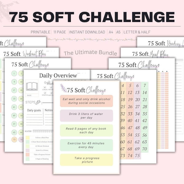 75 Soft Challenge Tracker, Diario giornaliero 75 Soft Challenge, 75 Soft Challenge, 75 Day Challenge stampabile, Diario di fitness, Tracker delle abitudini