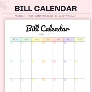 Puede incluir: Un calendario de facturas imprimible con un esquema de color pastel. El calendario tiene un espacio para el mes, el día de la semana y la fecha. Los días de la semana están etiquetados: Lunes, Martes, Miércoles, Jueves, Viernes, Sábado y Domingo.