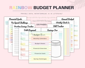 Regenbogen Budget Buchhaltungsplaner Bundle Druckbar, Bucheinlagen Planer a5 pdf Buch, Ersparnisse Tracker, Budget Bill Tracker Ausgaben Ausgaben