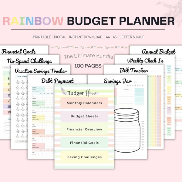 Arc-en-ciel Budget Finances Planner Bundle imprimable, Finance Planner bundle a5 pdf Book, Savings Tracker, Budget Bill Tracker Spending Expenses