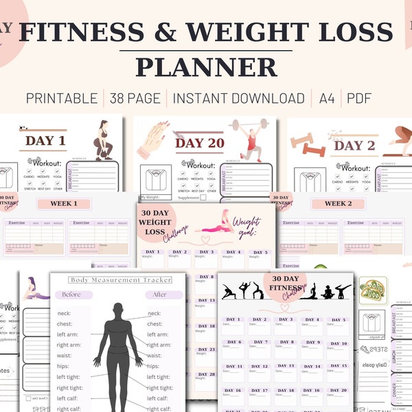 30 Day Challenge Tracker, Fitness & Weight Loss Planner, Workout Planner Printable, Goal Setting, Progress Tracker, PDF,  Digital Download