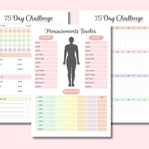 May include: A printable 75-day challenge tracker with sections for measurements, progress, and a daily checklist. The tracker includes a silhouette of a person and a reading list.