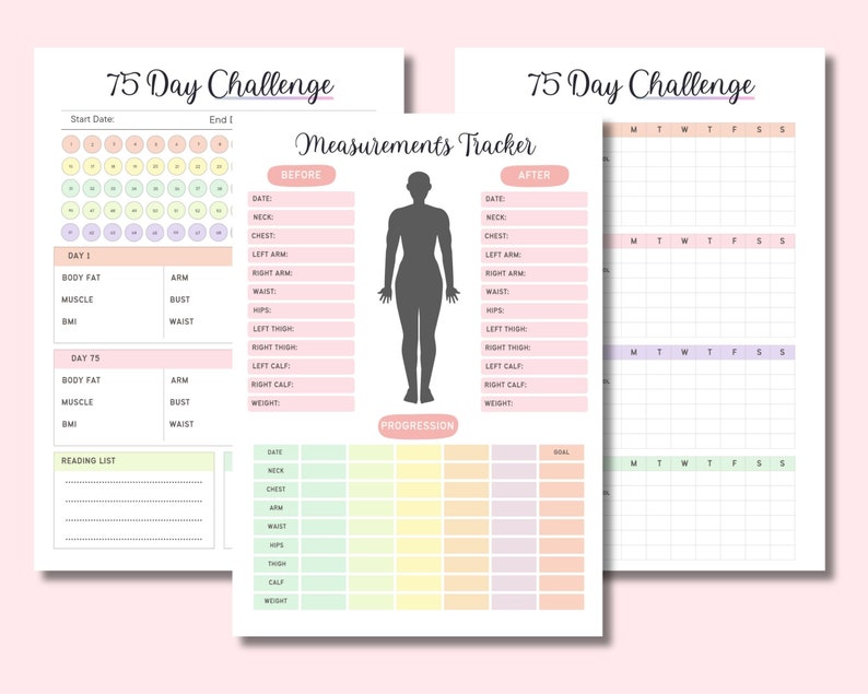 May include: A printable 75-day challenge tracker with sections for measurements, progress, and a daily checklist. The tracker includes a silhouette of a person and a reading list.