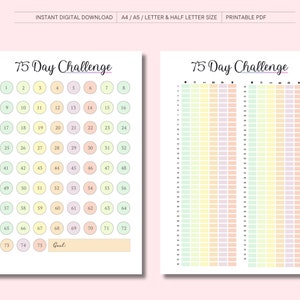 May include: A printable 75-day challenge tracker with a colorful grid of squares. The tracker is divided into two columns, each with 37 squares. The squares are colored in a gradient of green, yellow, and pink. The tracker is labeled "75 Day Challenge".
