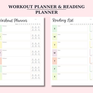 May include: A printable planner with a light pink background. The left side is a workout planner with days of the week labeled S, M, T, W, T, F, S. The right side is a reading list with days of the week labeled S, M, T, W, T, F, S.
