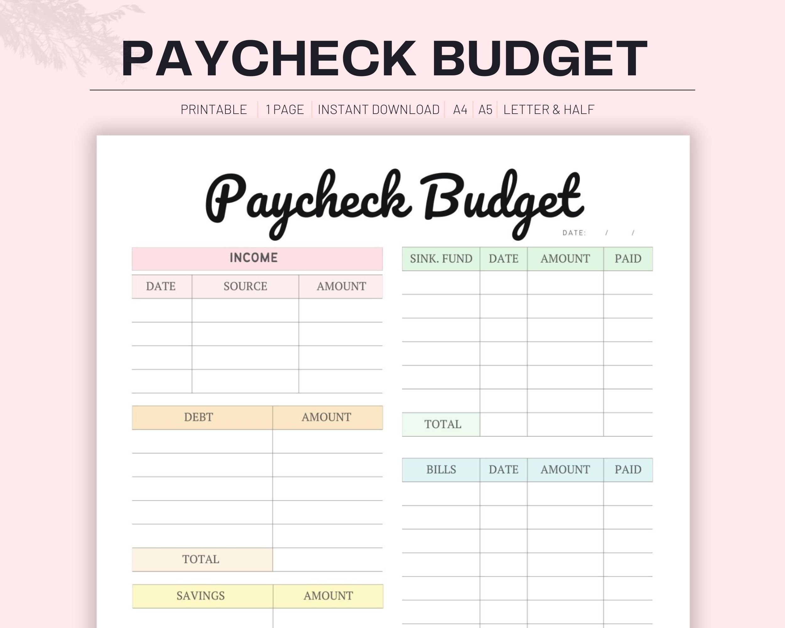 Paycheck Budget Planner Printable Digital Personal Budget Template