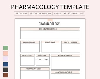 Printable Pharmacology Template for Nursing Student, Student Nurse Study Resources, medicine Note-taking, pharmacologist, A4, A5 Letter size