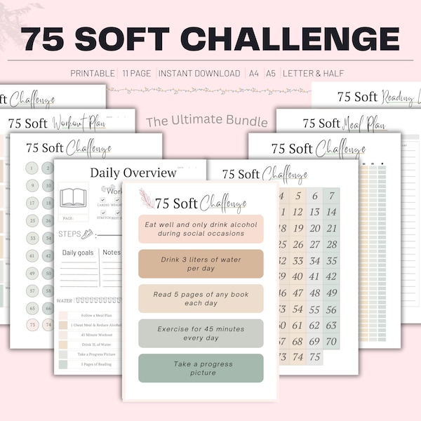 75 Soft Challenge Tracker, journal quotidien 75 Soft Challenge, 75 Soft Challenge, 75 Day Challenge imprimable, journal de remise en forme, suivi des habitudes