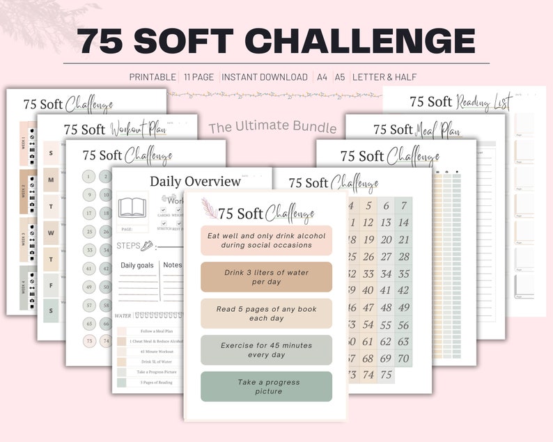 75 Soft Challenge Tracker, Daily 75 Soft Challenge journal, 75 Soft Challenge, 75 Day Challenge Printable, Fitness Journal, Habit Tracker image 1