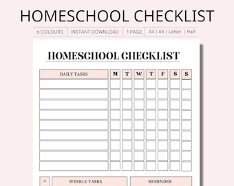 Homeschool Checklist Printable, Daily Checklist for Homeschool Teachers, Home school teaching routine check list, Daily task list