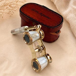 Personalized Brass Opera Glasses with Mother of Pearl - Engraved Leather Case, monocular