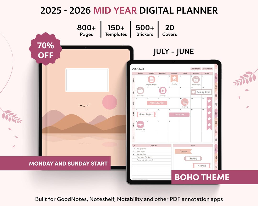 Digital Planner 2025 2026, Mid Year Goodnotes Planner, iPad Planner ...