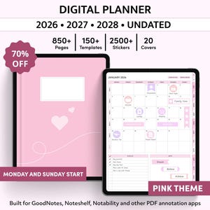 Digital Planner 2026, 2027, 2028, Undated, Pink GoodNotes Planner, Cute iPad Planner, Daily Weekly Monthly Agenda, GoodNotes Template