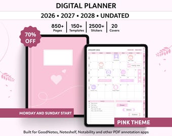 Digital Planner 2026, 2027, 2028, Undated, Pink GoodNotes Planner, Cute iPad Planner, Daily Weekly Monthly Agenda, GoodNotes Template