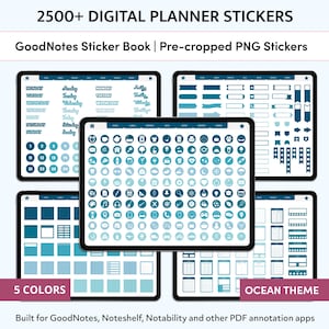 May include: Digital planner stickers in an ocean theme, displayed on tablets. The image shows various sticker designs, including days of the week, icons, and color swatches. The text reads "2500+ DIGITAL PLANNER STICKERS" and "5 COLORS".